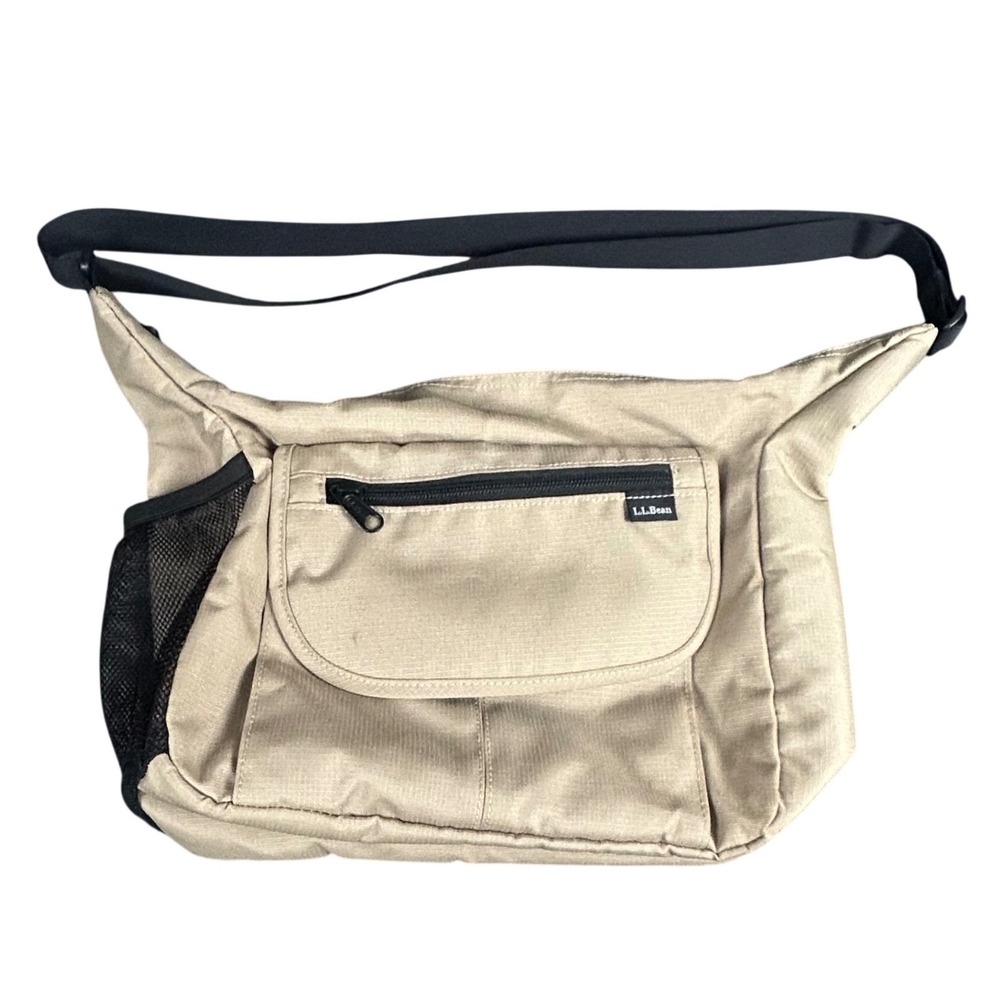 LL Bean Tan Messenger Crossbody Satchel Daypack Bag Polyester Multi-Pocket Med